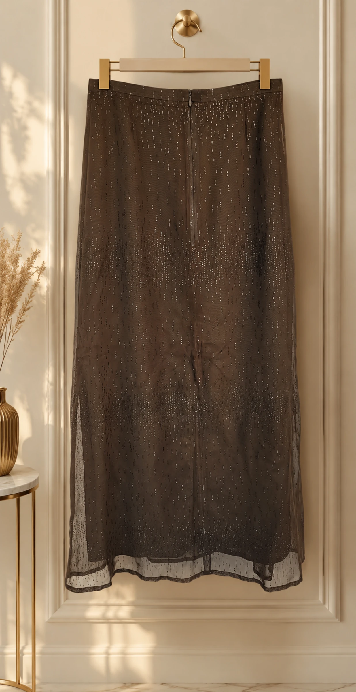 Bandolera Jupe TFr36/TS -Longa&Dobras -Voile Kaki com Brilhos em Ótimo Estado – photo 3
